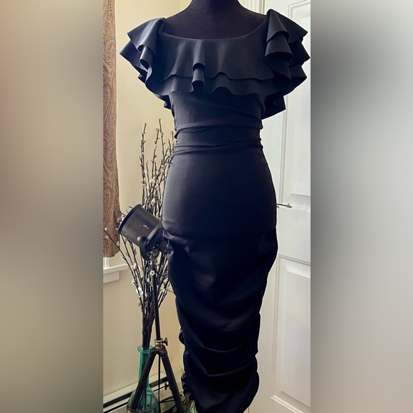 ASOS black ruffle top sleeveless rouch  fitted dress - Picture 2 of 7